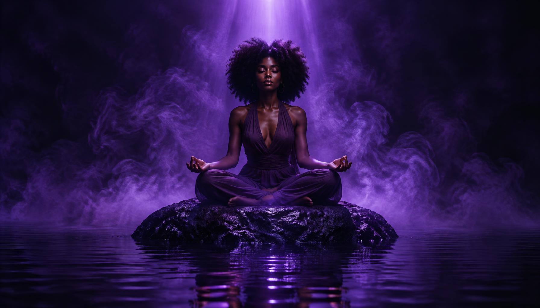 A woman meditating amid violet smoke and dark stone